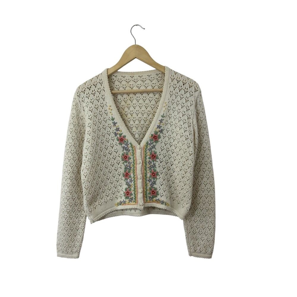 Vintage Cropped Cardigan Sweater Crochet Embroidered Floral Medium Womens READ